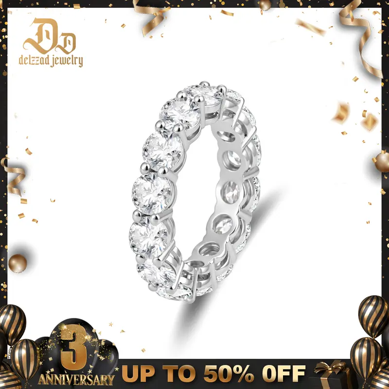 Delzzad Prong Eternity Wedding Ring Band Round VVS Synthetic Moissanite Ring Band S925/Copper Christmas Gift