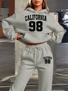 California 98 Women's Winter Casual Hoodie Sweatshirt Set, Fitted Long Pants and Regular Length Top for Fall & Winter Fashion