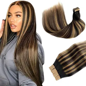 Tape in Hair Extensions Human Hair Yaki Straight Natural Black Hair Extension Balayage Caramel Blonde Highlights Real Remy Human Hair 24 Inch 50g/pack 20pcs Tape Hair Extensions for Wom