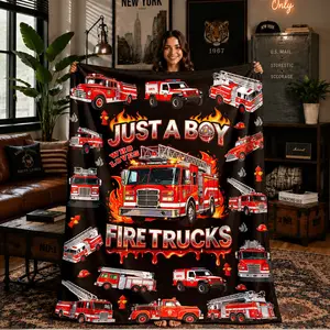 Comfortable Fire Truck Print Flannel Blanket, Soft and Warm, Ideal for Naps, Camping, Travel, All Seasons Gift