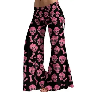 Pink Skulls & Bones High Waist Wide Leg Pants Women Alternative Hippie Rock Bell Bottoms Flare Style