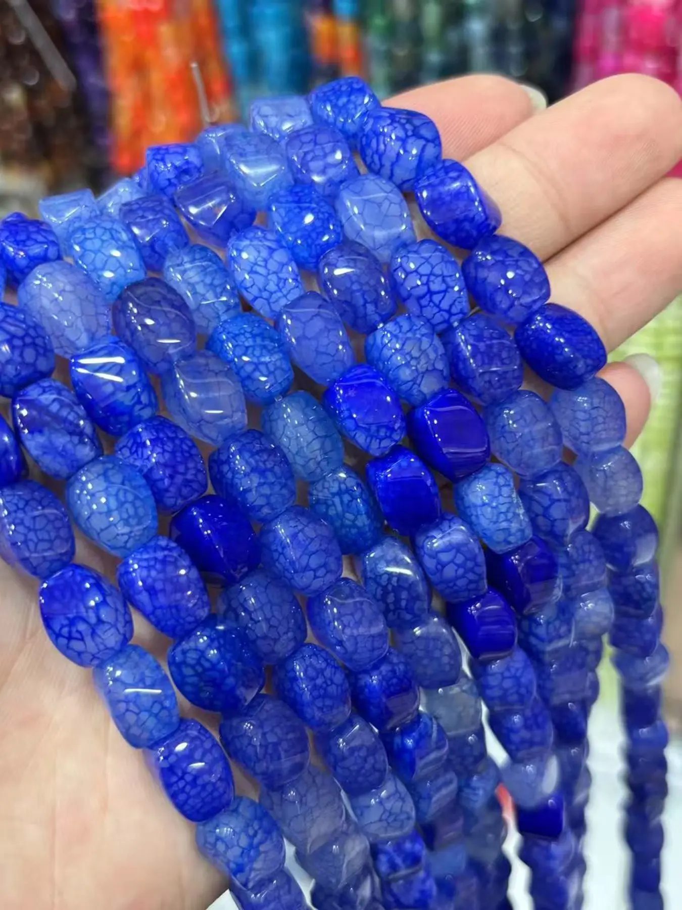 0.8cmx1.2cm Natural Stone Blue Dragon Pattern Agate S-Shaped Beads, DIY Jewelry Making Accessories, Bracelet Necklace Earring Components