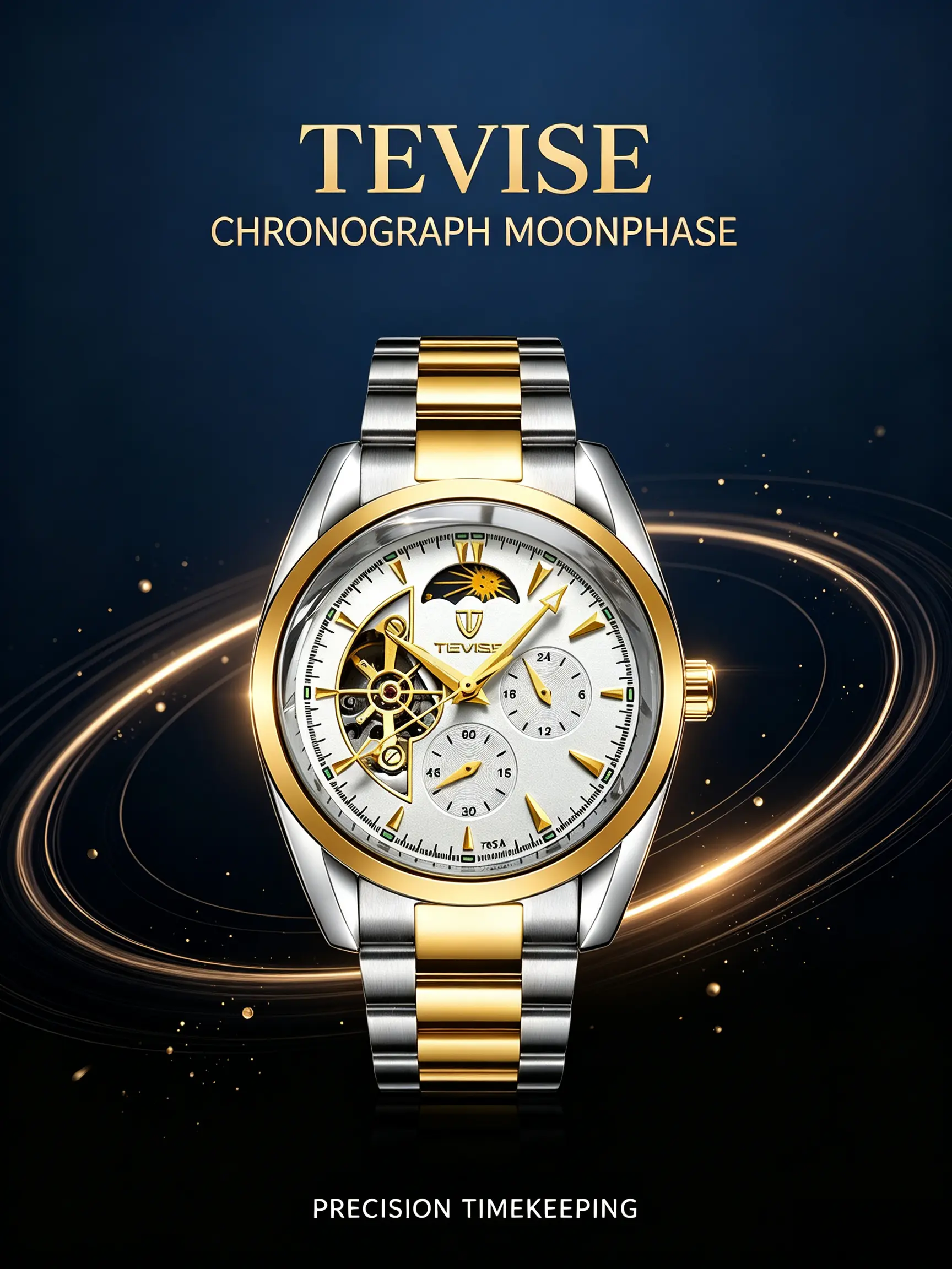 TEVISE Men's Luxury Business Analog Automatic Mechanical Watch - Skeleton Flywheel Movement, Celestial Moon Phase Dial, Waterproof Analog Wristwatch, Analog Watch