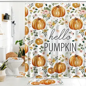 4 Pcs Fall Bathroom Set Hello Pumpkin Shower Curtain Fall Bathroom Decoration Watercolor Thanksgiving Autumn Decor Accessories Set with Non-Slip Rugs Toilet Lid Cover and Bath Mat Waterproof