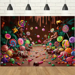 1pc 2Dflat Candy Themed Party Banner, Chocolate Lollipop Dream Dessert House Backdrop Cloth, Birthday Party/Dessert Table/Candy Themed Event Decoration, Photo Booth Background, High Definition Printing, Perfect for All Kinds of Themed Party Decorations