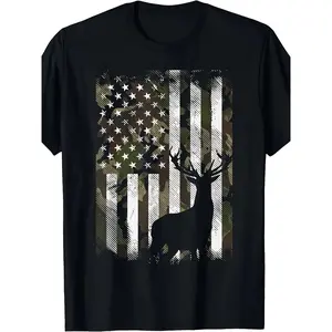 Men's Camo American Flag Deer Elk Buck Graphic T-Shirt - Patriotic Hunting Design, Durable Digital Print, Regular Fit Short Sleeve Tee for Outdoor Enthusiasts & Dad Gifts, Casual Wear, Round Neck Shirt, Vibrant Print graphic tee