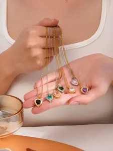 Heart Pendant Gemstone Necklace for Women, Classic Heart Cubic Zirconia Birthstone Ruby Emerald Sapphire Necklace, 18K Gold Plated 304 Stainless Steel, Vintage Meaningful Jewelry, Valentine‘s Day Birthday Gift for Mother Wife