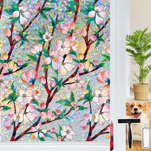 3D Static Rainbow Stained Glass Window Privacy Film, Classic Patchwork Geometric Pattern PVC Decorative Non-Adhesive Cling Tint, Heat Resistant Home Decor for Heat Control, 17.5x78.7in