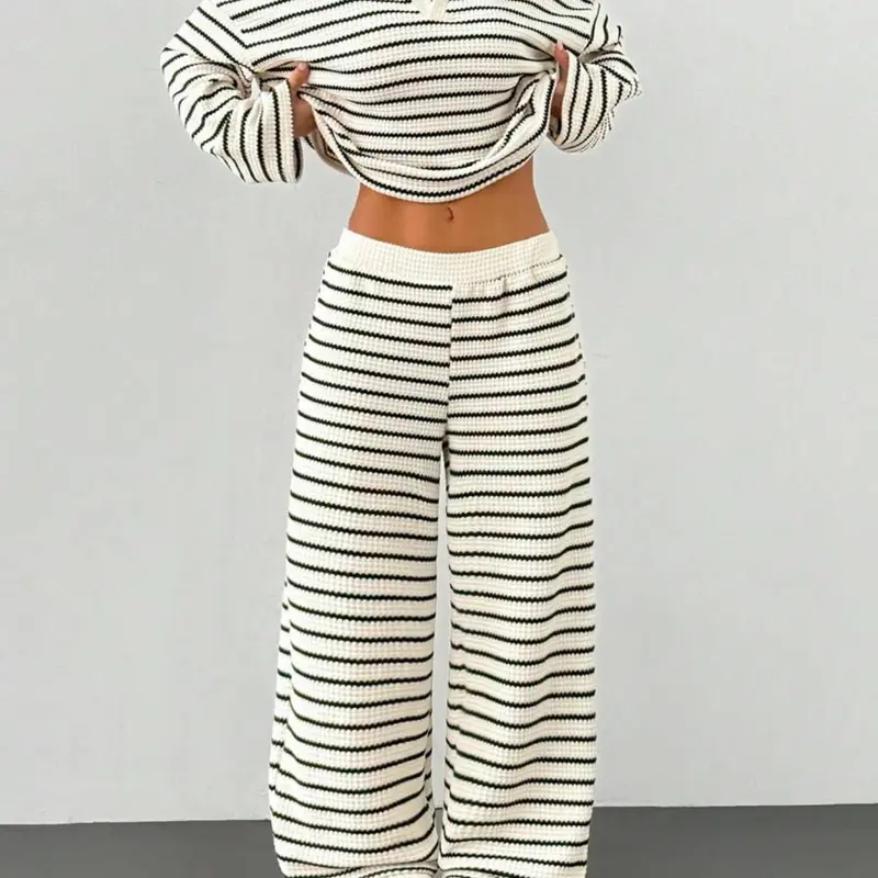 NORA Women's Casual Baggy Striped Long-Sleeved Top and Wide-Leg Pants Set, Soft V-Neck Loose Two-Piece Set, Breathable and Pill-Resistant Women's Clothing