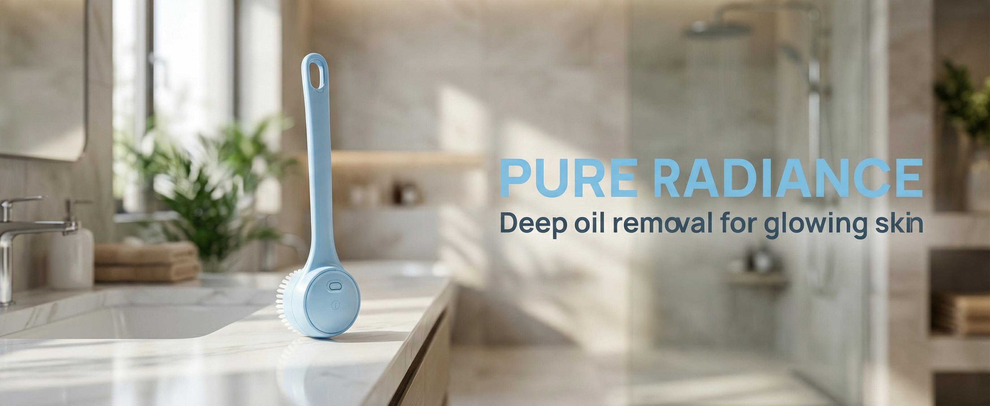 Rechargeable Electric Body Scrubber, Waterproof 360° Rotating Shower Brush with Dual Grip Handles, Full Body Bath Brush with 4 Detachable Heads for Deep Cleansing