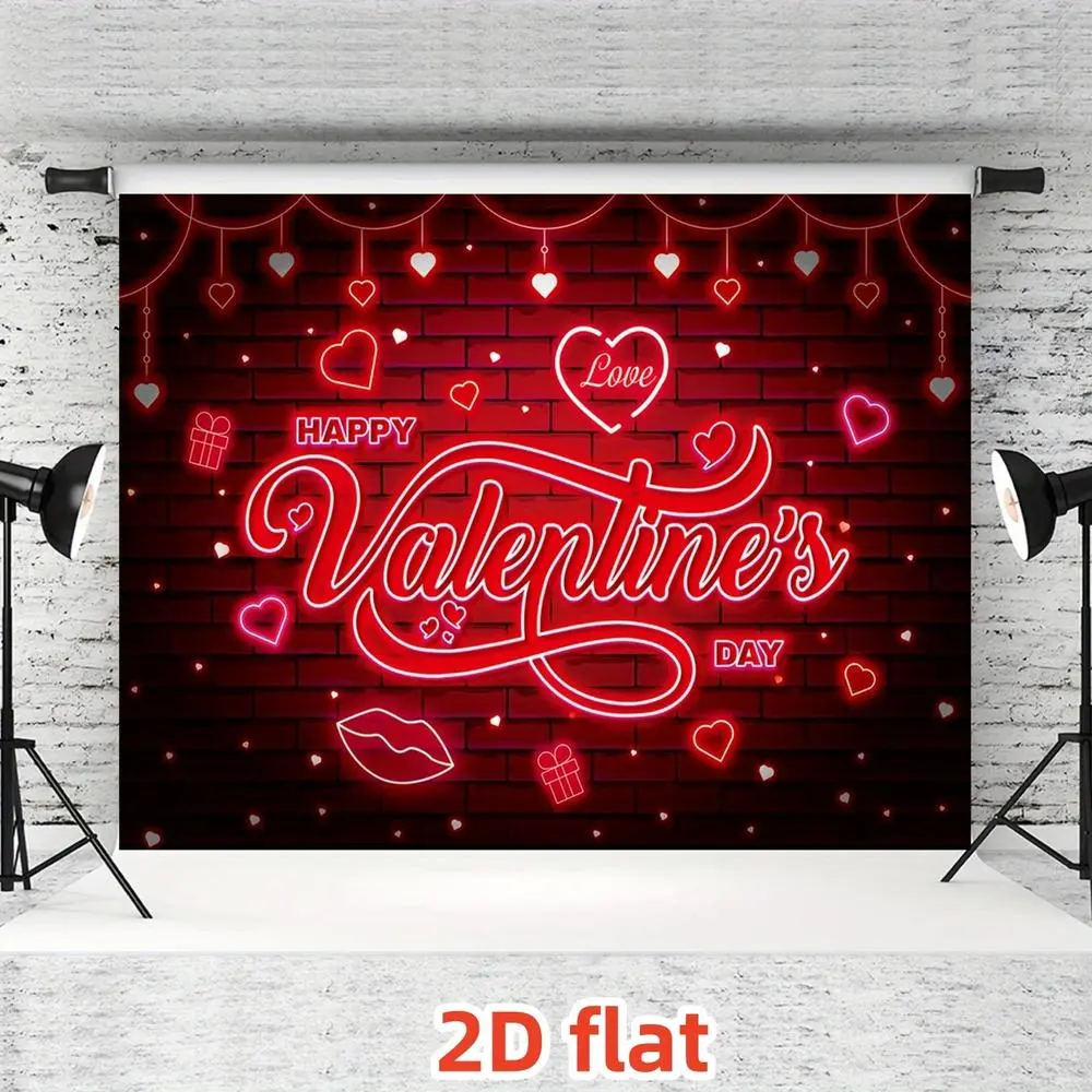 1pc 2D Flat Valentine's Day Soft Fabric Backdrop Banner - Red Glitter Heart Neon Design, "Happy Valentine's Day" Text, Balloons, Gifts, Polyester Party Decor Photography Backdrop