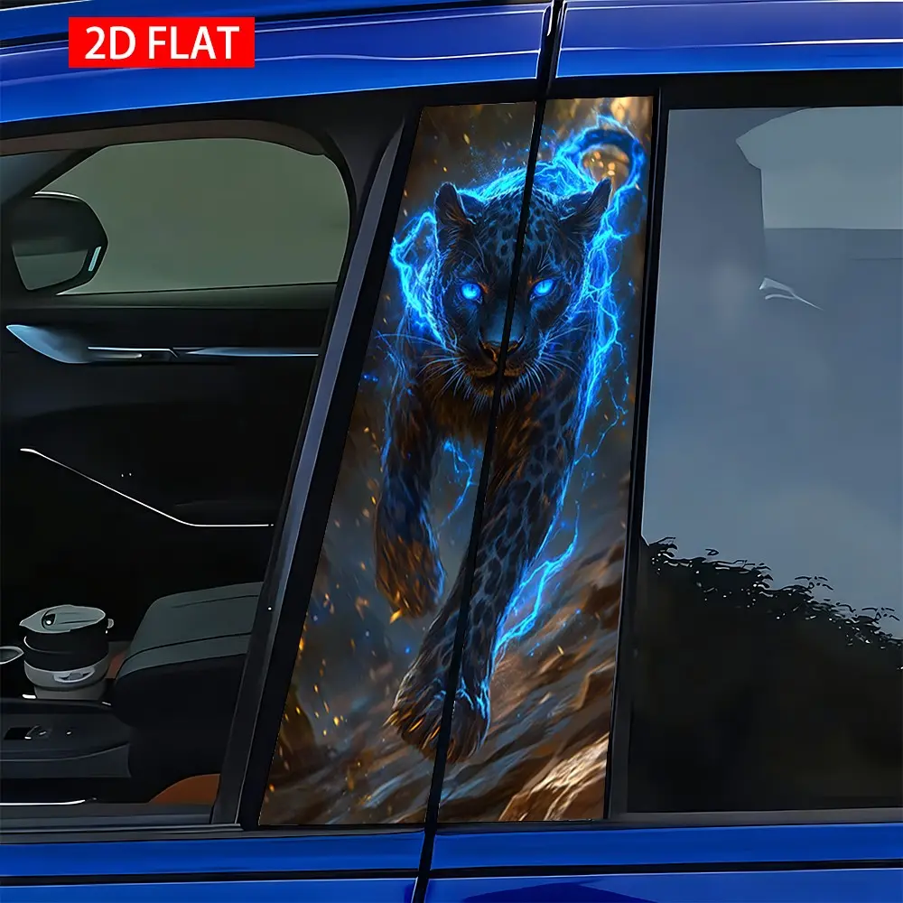 2 Sets Car B Pillar Stickers, Glowing Blue Lightning Black Panther, PVC HD Print, Waterproof Scratch-Resistant, Automotive Decals, External Decorative Accessories