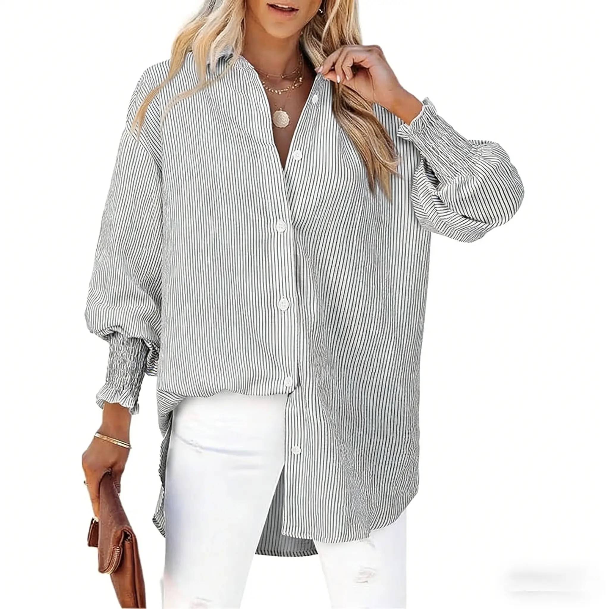 COCCKO Women's Oversized Striped Collared Long-Sleeve Button-Down Crepe Blouse - Lightweight Breathable Spandex-Blended, Smocked Cuffed Boyfriend Work Top (No Pockets), Casual Streetwear, Pair with Leggings/Camisole 1-Piece