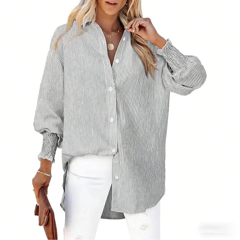 COCCKO Women's Oversized Striped Print Collared Button Blouse - Long Sleeves, Smocked Cuffs, Lightweight Spandex-Crepe Fabric, Classic Cut, Work, Going Out, Coffee Date Outfit, Party Business Casual Top, Bikini Cover Up