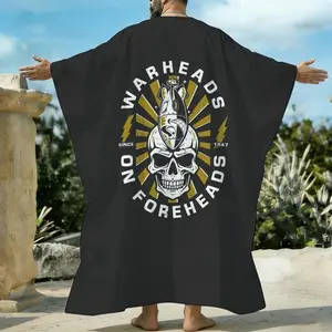 Men's Loose V-Neck Pullover Black Background Warheads on Foreheads Print Caftan, Dark Surreal Graphic Beach Cover Up, Breathable Short Sleeve Resort Lounge Sleep Shirt for Men