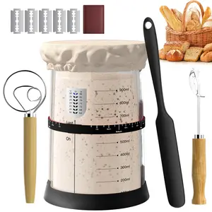 Sourdough Starter Jar Kit, 34 Oz/1000ML Large Capacity Sourdough Jar Wide Mouth, Sourdough Bread Starter Kit with Date Marked Feeding Band,Thermometer, Whisk,Scraper,Cloth Cover,Silicone Lid Bakeware Glass Set Utensils Flexible Kitchen Rotating Smooth