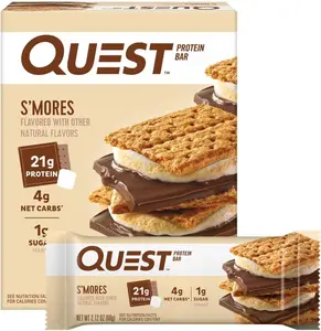 Quest Nutrition S'mores Protein Bar, 31g Protein, 4g Net Carbs, 1g Sugar, Gluten Free, Keto Friendly, 4 Count