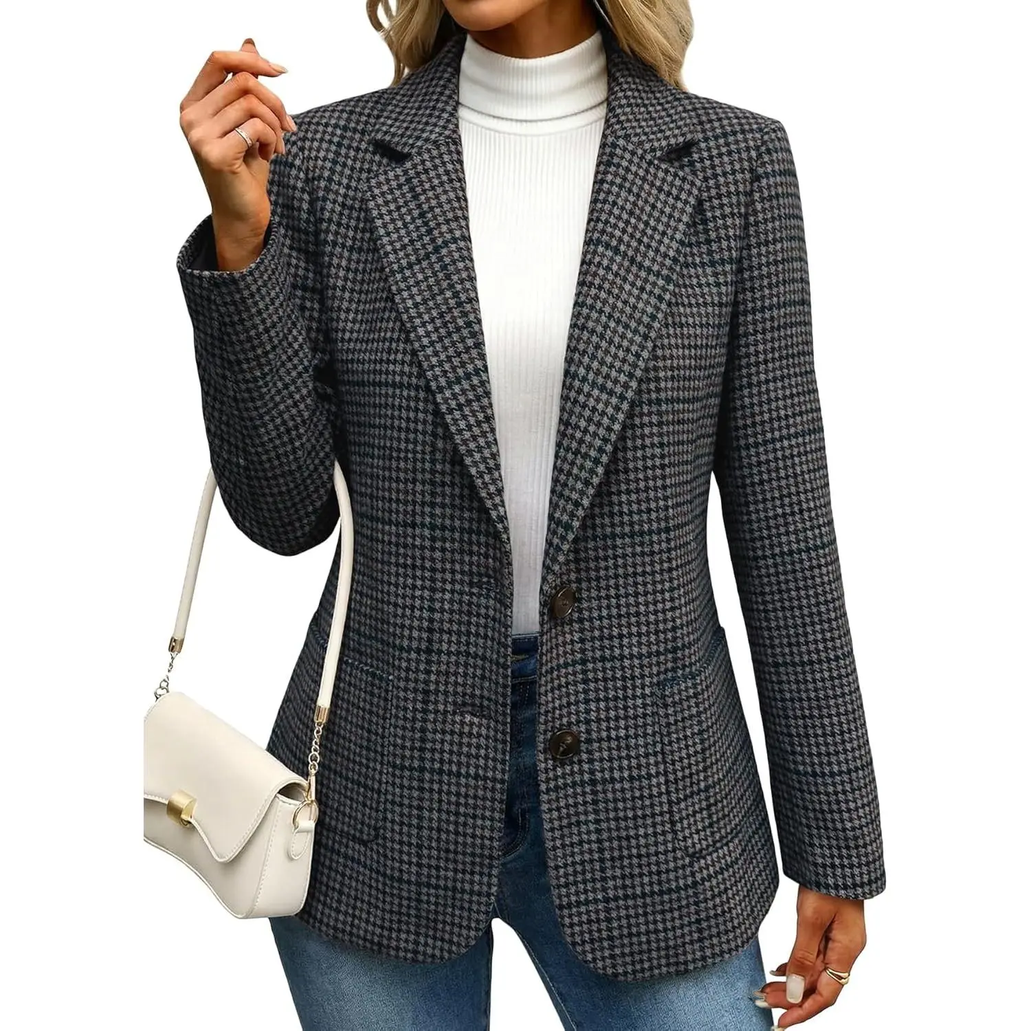 MINA SELF Women's Quiet Luxury Plaid Blazer, Preppy Style Long Sleeve Houndstooth Tweed Wool Blend Business Jacket with Pockets, Lady, Polyester, Button, Acrylic, Dress Casual, Office Ootd, Smart Casual Style, Wardrobe Staples, Ready To Wear, Chic Retro,,