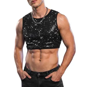 Men's Shiny Metallic Crop Top, Sexy Sleeveless Round Neck Tank Top for Party Music Festival Clubwear, Holographic Shimmer Rave Outfit for Men