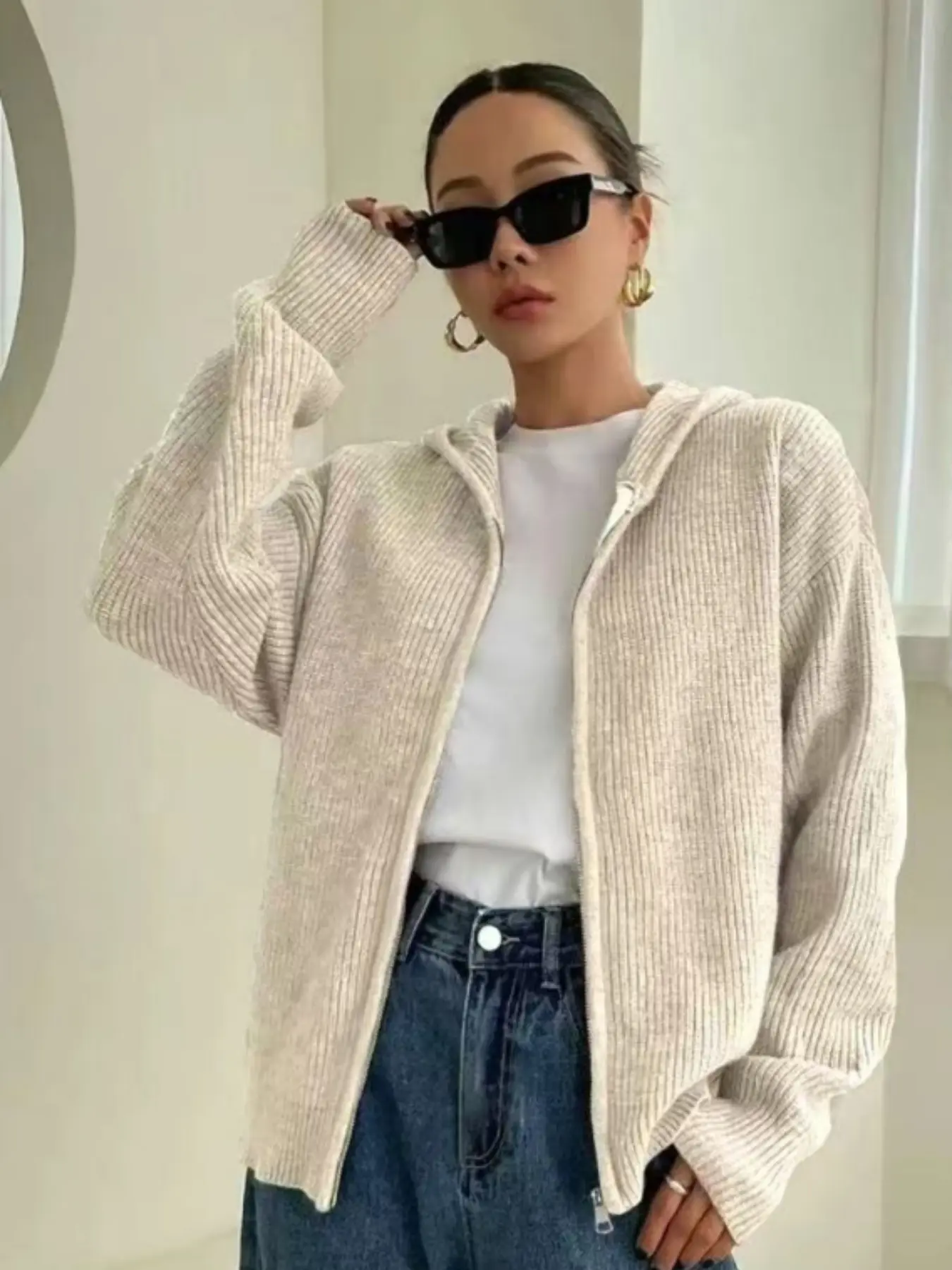 Autumn Winter Hooded Long Sleeve Knit Cardigan, Zipper Design Loose Fit Casual Top, Plain Color Women's Outerwear, Lightweight Cardigan