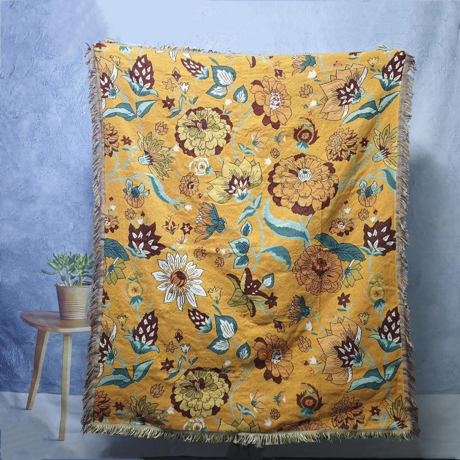 Flower and Leaf Pattern, Floral Blanket, Yellow Bohemian Yarn Jacquard Woven Blanket with Tassel, Chunky Soft not Printed, Wear-resistant Washable Easy to Care, No faded No pilling, Used for Home Decor, Outdoor Camping