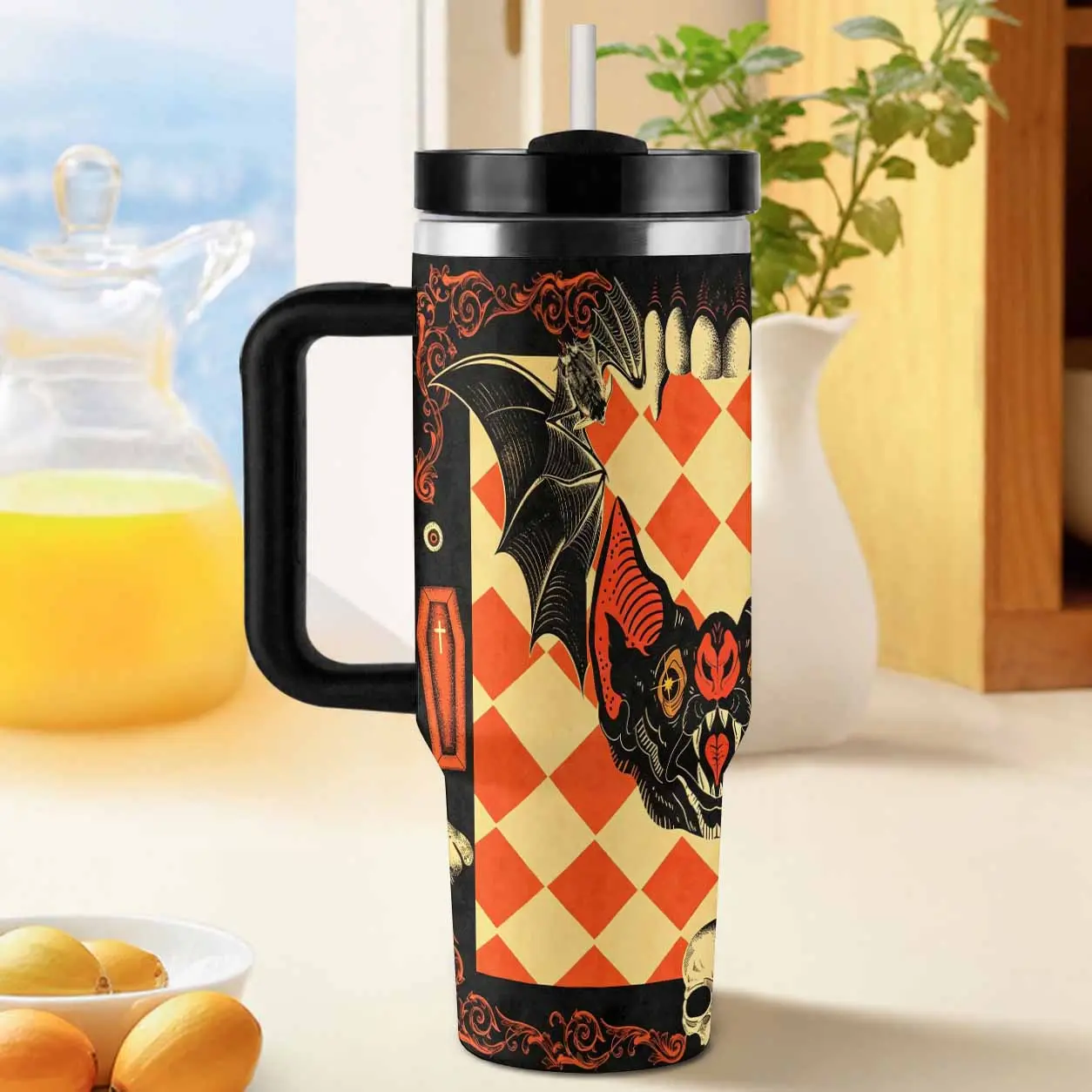 Gothic Bat Insulated Tumbler 40oz. Vintage Vampire Art Pattern. Double Wall Vacuum Insulated Stainless Steel With Handle And Straw. Perfect For Car Cup Holders And Outdoor Travel.
