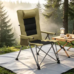 Khaki 5-Position Adjustable Reclining Camping Chair – Heavy Duty Portable Folding Chair with Side Pocket & Carry Bag, Outdoor for Beach Patio Lawn Travel