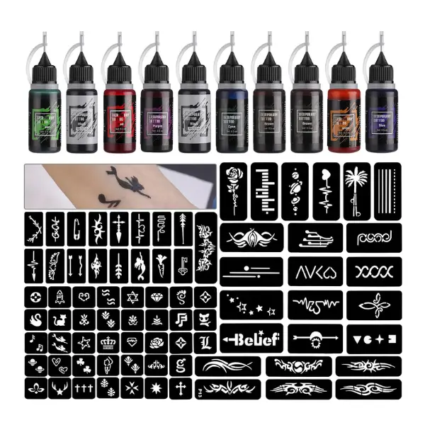 Temporary Tattoo Kit 10 Bottles Color Inks, 84 Pcs Stencils Kit for Body Paint DIY Tattoos Temp, 8 Colors DIY Fake Tattoo for Women Kids