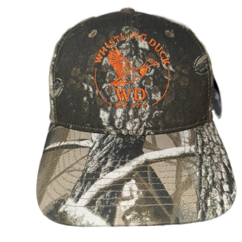 Whistling Duck Camo Limited Edition Trucker Hat with Orange Logo and Camouflage Design