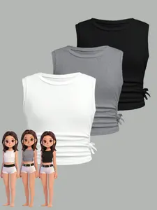New Spring Summer Girls' Fashion Tops Set, Cute Elegant Art Design, Versatile Solid Color Tank Top, Ideal for Picnic Beach Vacation Travel Everyday