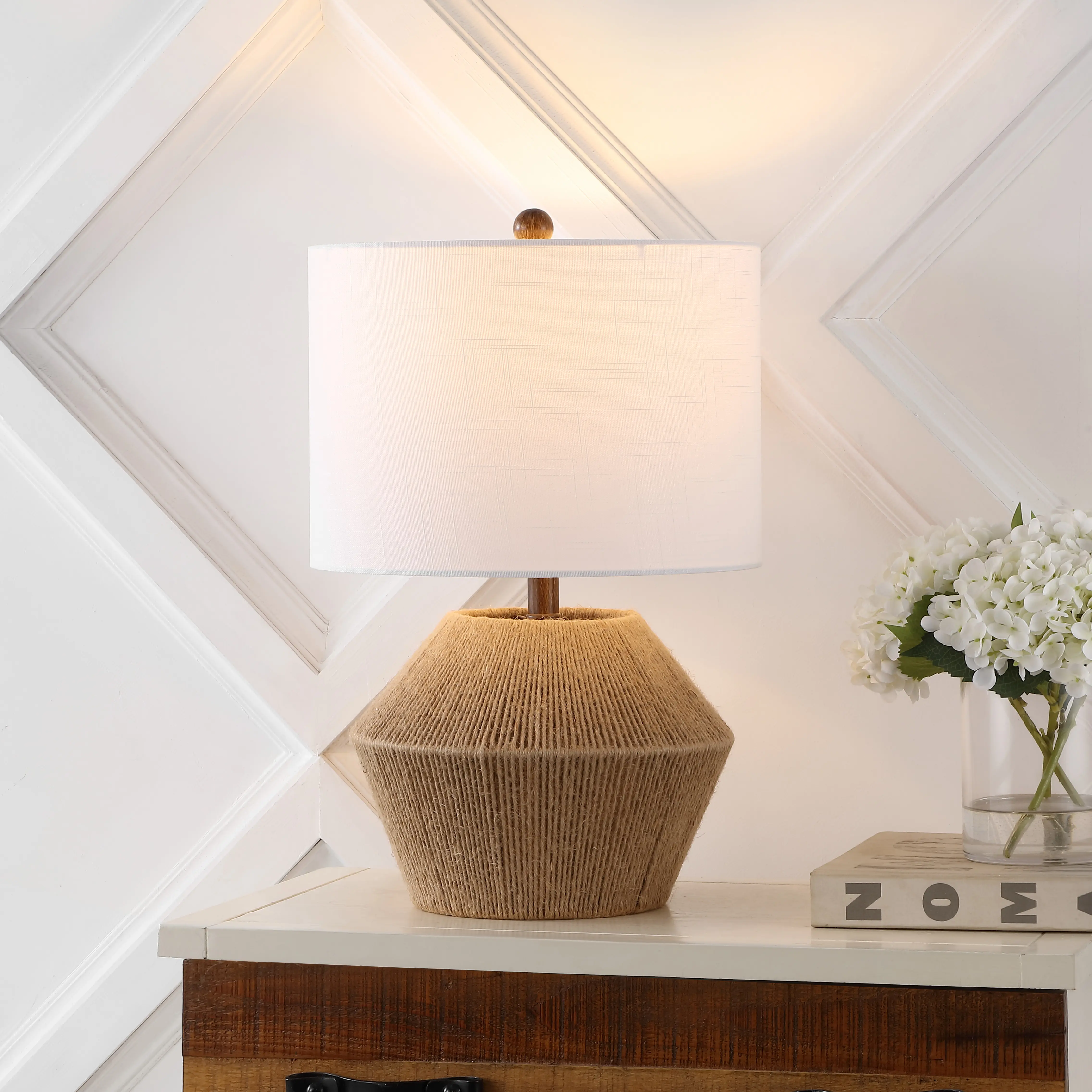 JONATHAN Y Alma Coastal Modern Rustic Iron-Rope LED Table Lamp - Linen, Eco-Friendly Home Decor Lighting for Farmhouse and Minimalist Homes, Bedroom, Living Room
