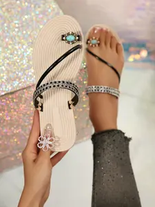 Luxury Turquoise Decorated Flip Flops, Two-Way Wear Anti-Slip Flat Beach Shoes for Women, Trendy Sandals for Summer