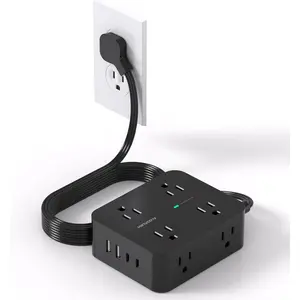 Power Strip Surge Protector,  5Ft Ultra Thin Flat Extension Cord with Multiple Outlets, 8 Widely Outlet Extender 4 USB Ports(2 USB C), 1080J Wall Mount for College Dorm Room Essentials Black