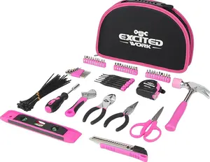89 Piece Pink Tool Kit with Round Pouch Includes Hammer Pliers Screwdrivers for Home Repair DIY Projects Durable CR-V Steel Tools