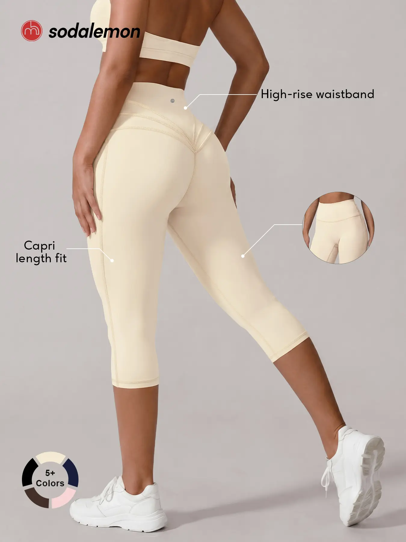 Sodalemon Women, Capri Length High Waisted Leggings, No Front Seam Yoga Pants, V Back Cropped Workout Leggings, Pilates Running Fitness Activewear