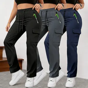 Women’s three-pack cargo pants suitable for spring and autumn, green colorway, equipped with zippered pockets; stylish design featuring large patch pockets and a drawstring elastic waistband. Casual outdoor long pants suitable for jogging and everyday wea