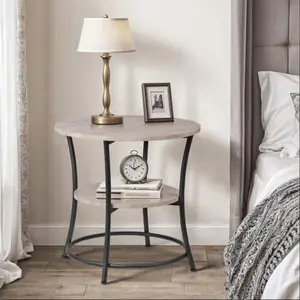 Zenstyle Round End Table w/ 2 Shelves Industrial Side Table Nightstand for Bedroom Living Room, Greige