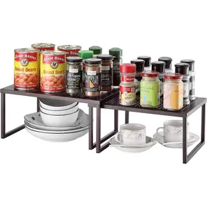 2 Pack  Cabinet Shelf Organizer, Kitchen Counter Shelf Rack for Pantry Organization, Expandable Stackable, Bronze