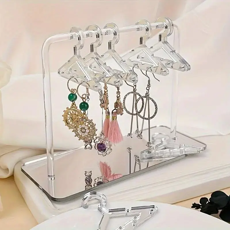 Luxury Acrylic Earring Display Rack with 8 Mini Hangers, Earring Organizer for Ear Studs, Jewelry Display Stand, Home Organizer for Bedroom, Clear Acrylic Organizer, Earring Holder, Jewelry Storage，pink、Transparent and Silver Color Options