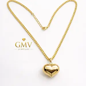 GMV Jewelry Gold Heart Pendant Necklace with 4mm Cuban Chain 14k Gold Plated for Women Elegant Fashion Accessory