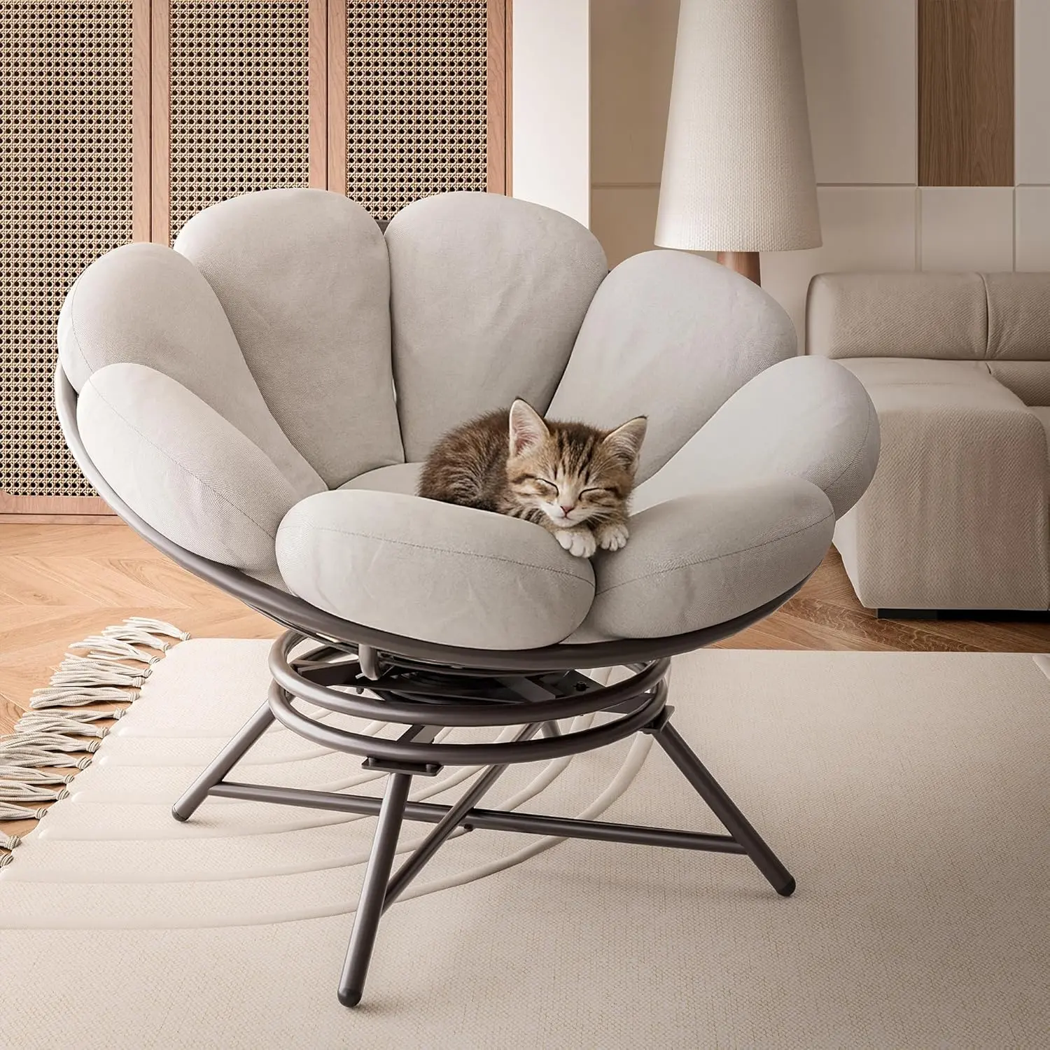 LAUSAINT  40'' Papasan Chair - Furniture with 360° Swivel Base, Ergonomic Petal-Shaped Cushion, Heavy-Duty Steel Frame, Outdoor Patio Furniture for Living Room, Balcony, Reading Chair, Grey home sweetcrispy,summerwins