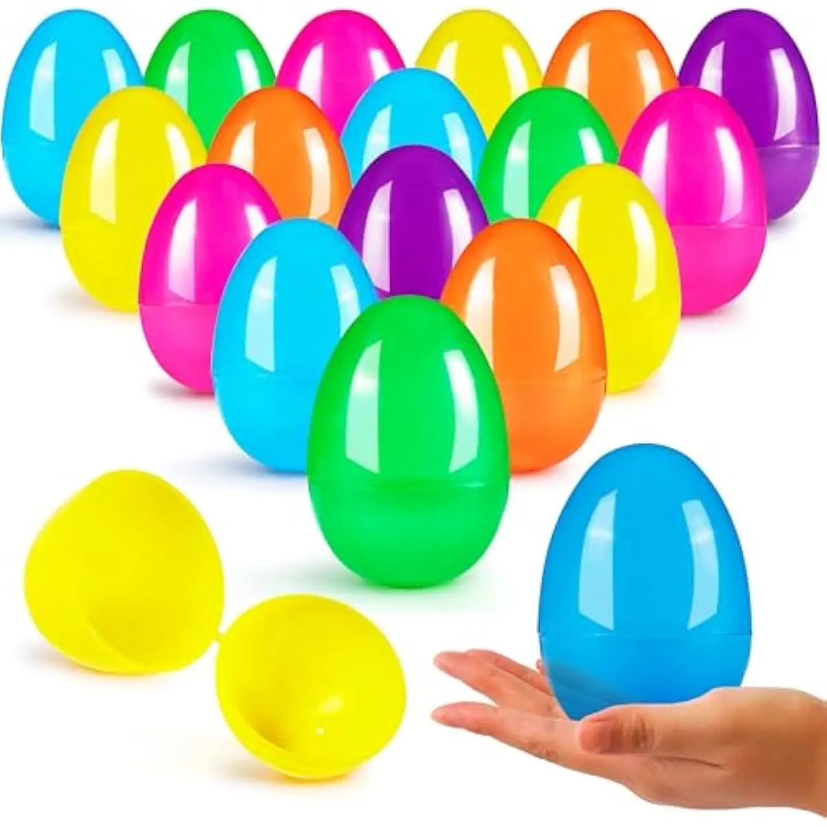 3.15" Easter Eggs, Fillable Plastic Eggs Empty Colorful Bright Eggshells with Hinge for Easter Hunt, Filling Treats, Party Favor, Basket Stuffers, Classroom Prize Supplies, 18PCS