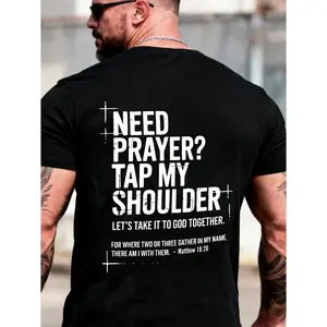 Mens Faith Christian Graphic Tee Need Prayer Tap My Shoulder Cross Design Short Sleeve Crewneck Shirt for Church Sunday Worship Bible Study Prayer Group Gift