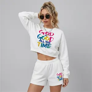 Women’s God Is Good All The Time Graphic Crewneck Short Sleeve Sweatshirt & Shorts Set, Casual Matching Two Piece Outfit With Built-In Drawstring Shorts