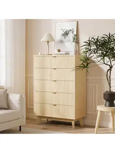 Fluted 5-Drawer Wood Tall Dresser - Soft-Close Floor Storage Cabinet, Quick-Setup Modern Deep-Drawer Bedroom Chest, Versatile Indoor Furniture for Bedroom, Closet, Fluted Drawers Dresser