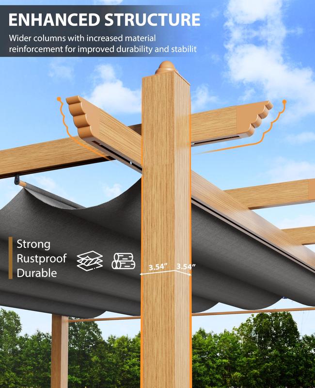 GARVEE 10x13Ft Outdoor Wood Grain Aluminum Pergola with Retractable Gray Canopy –Industrial Strength,UV Protection & Waterproof,Ideal for Patio, Garden, Backyard