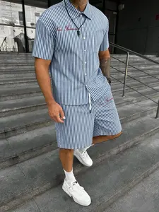 Men's Striped Shirt Shorts Set, Short Sleeve Stripe Shirt with Small Pocket, Matching Stripe Shorts, Oversized Casual Streetwear Style