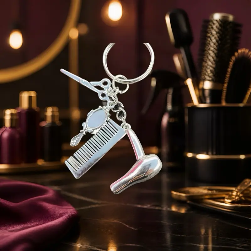 Stylist Keychain with Scissors Comb and Mirror Charm for Hairdressers and Beauty Professionals