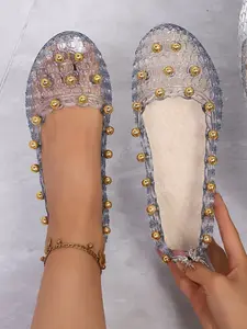 Women's Crystal Jelly Shoes New Unique Design Low-Top Single Shoe Women Grid Flat DIY Sandals, Casual PU Rubber Sole, Casual Flats