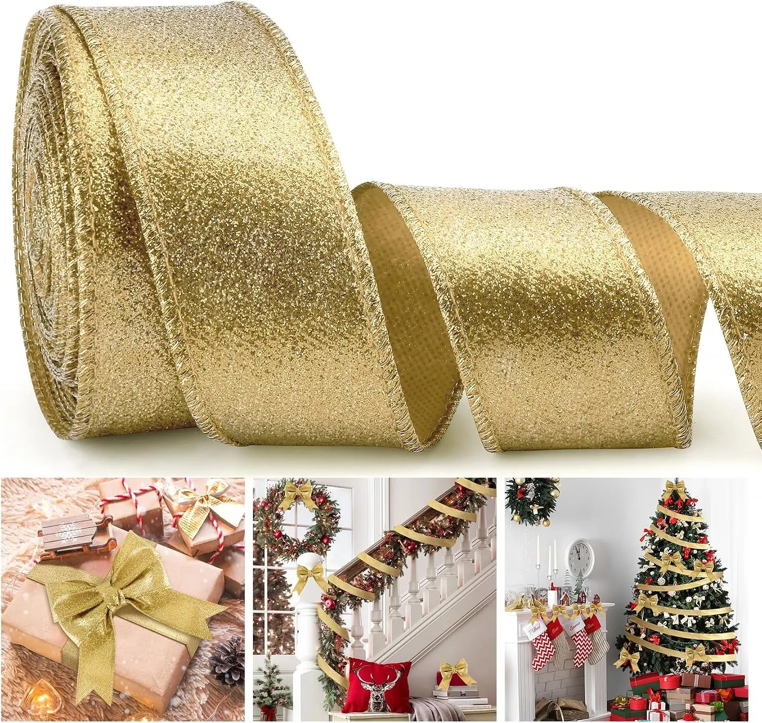 Gold Ribbon for Christmas Tree Glitter Gold Ribbon Garland Golden Christmas Ribbons Wired 1 1/2 Inch 10 Yards Thick Wired Golden Ribbons for Tree Gift Wrapping Party Decorations